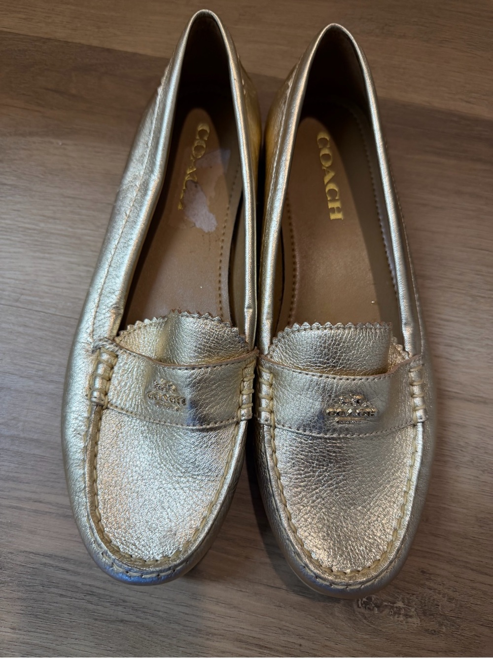COACH Metallic Gold Leather Penny Loafers